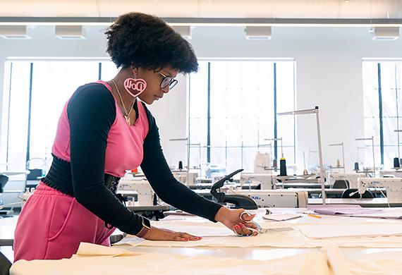 Image of fashion Design student in the First Year Studio.